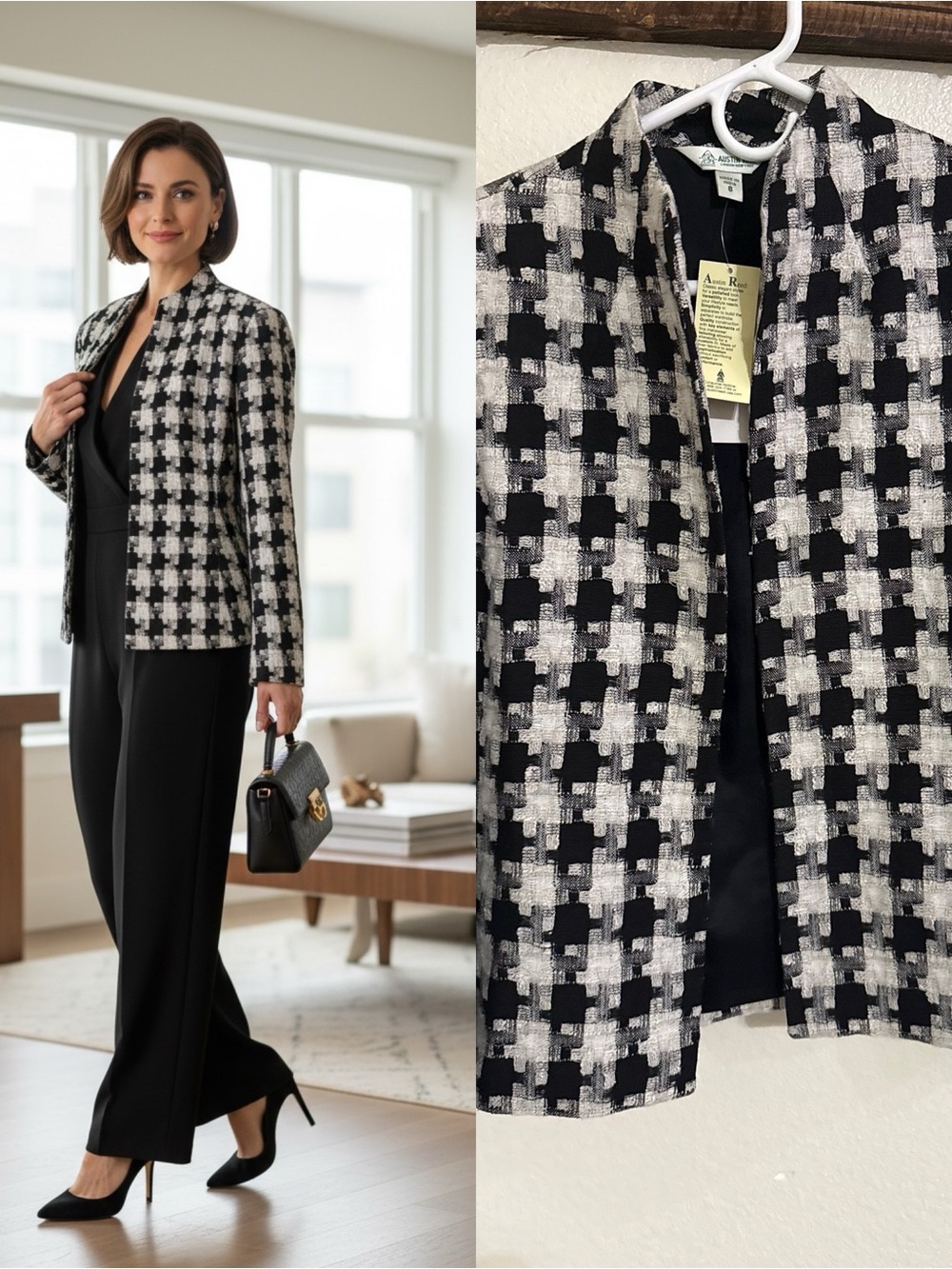 NWT Austin Reed Linen Blend Open Front Jacket Black White 8 Career Blazer